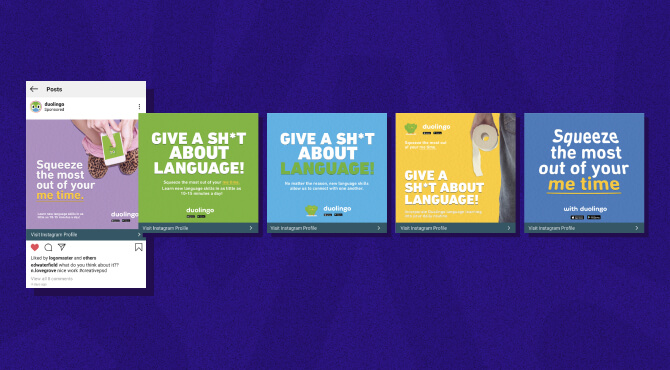 Fatiga creativa: ejemplo de cambio de fondos de anuncios de Duolingo
